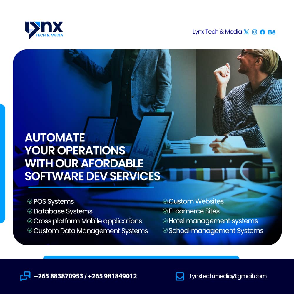JulioMulenga's tweet photo. Pop Automate your business with Lynx Tech & Media!
Affordable software solutions: POS, websites, mobile apps, and more.
📞 +265 883 870 953 / +265 981 849 012
lynxtech.media@gmail.com
#LynxTech #SoftwareSolutions #MalawiTech https://t.co/JgYlhgdgGr