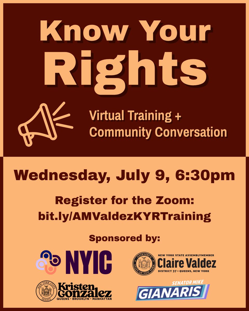 ValdezAssembly's tweet image. Want to learn more about what to say or do when interacting with ICE, and how you can better protect your neighbors?
Our office is proud to cosponsor a Know Your Rights training alongside @thenyic, @SenGianaris and @SenGonzalezNY!
Register here: bit.ly/AMValdezKYRTra…