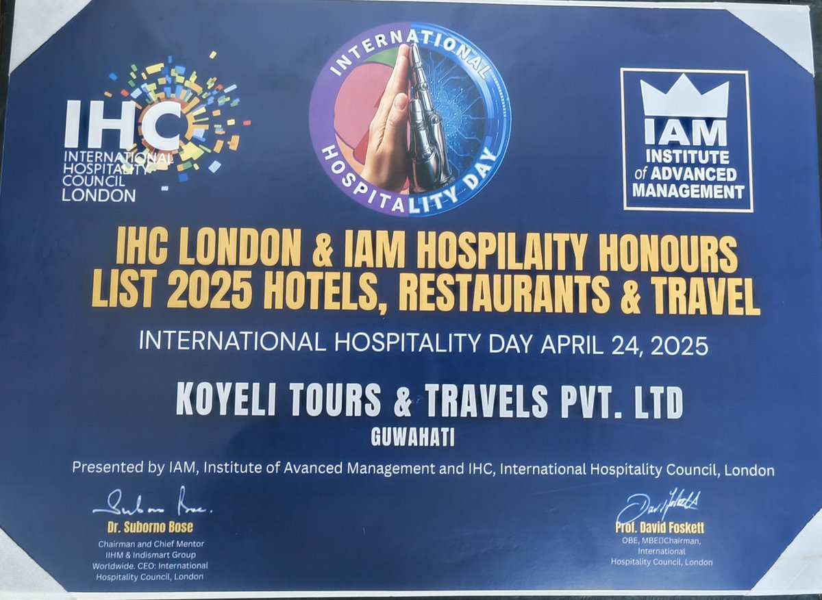 dibarijit's tweet image. Honoured to share the stage with a galaxy of hospitality stars—Assamese food vlogger Dhruva J Kalita, Chef Joel Basumatary, author Rita Jyoti Das, blogger Sanjukta D, food critic Mitali Kalita.
Proud-Koyeli Tours & Travels is featured in the IHC-IAM Hospitality Honours List 2025