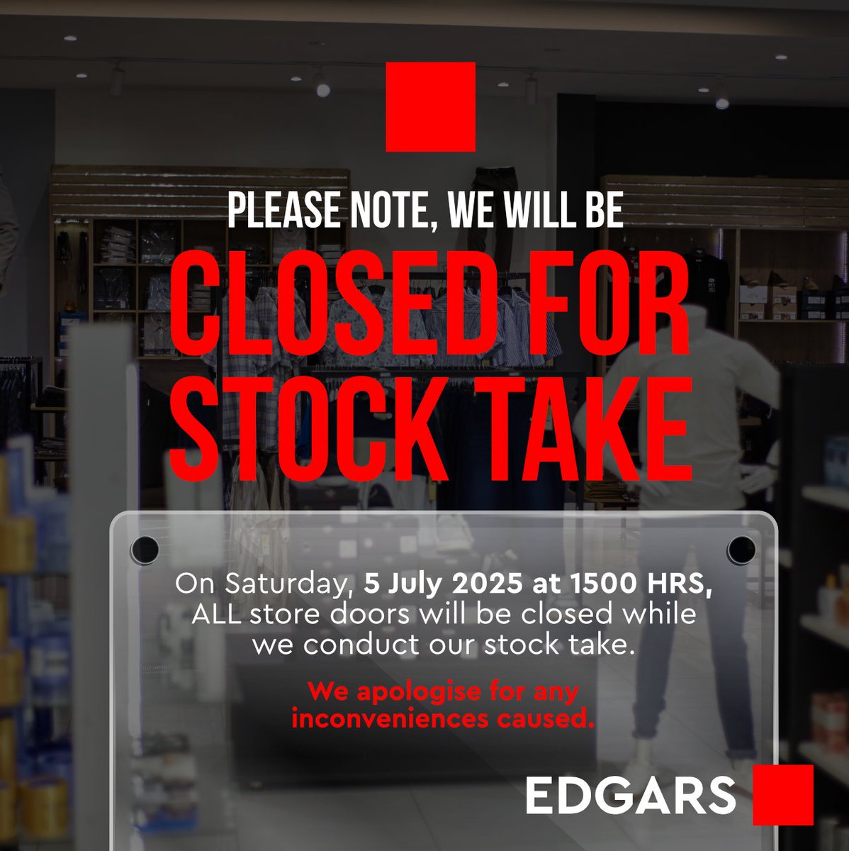 EdgarsZW's tweet image. Dear esteemed customers! Just to let you know, our stores will close at 3PM this Saturday, 5 July, for our mid-year stock take. We appreciate your understanding as we continue to curate the finest collections for you.

#EdgarsFashion #ShopSmart #CashDiscount #EdgarsZimbabwe
