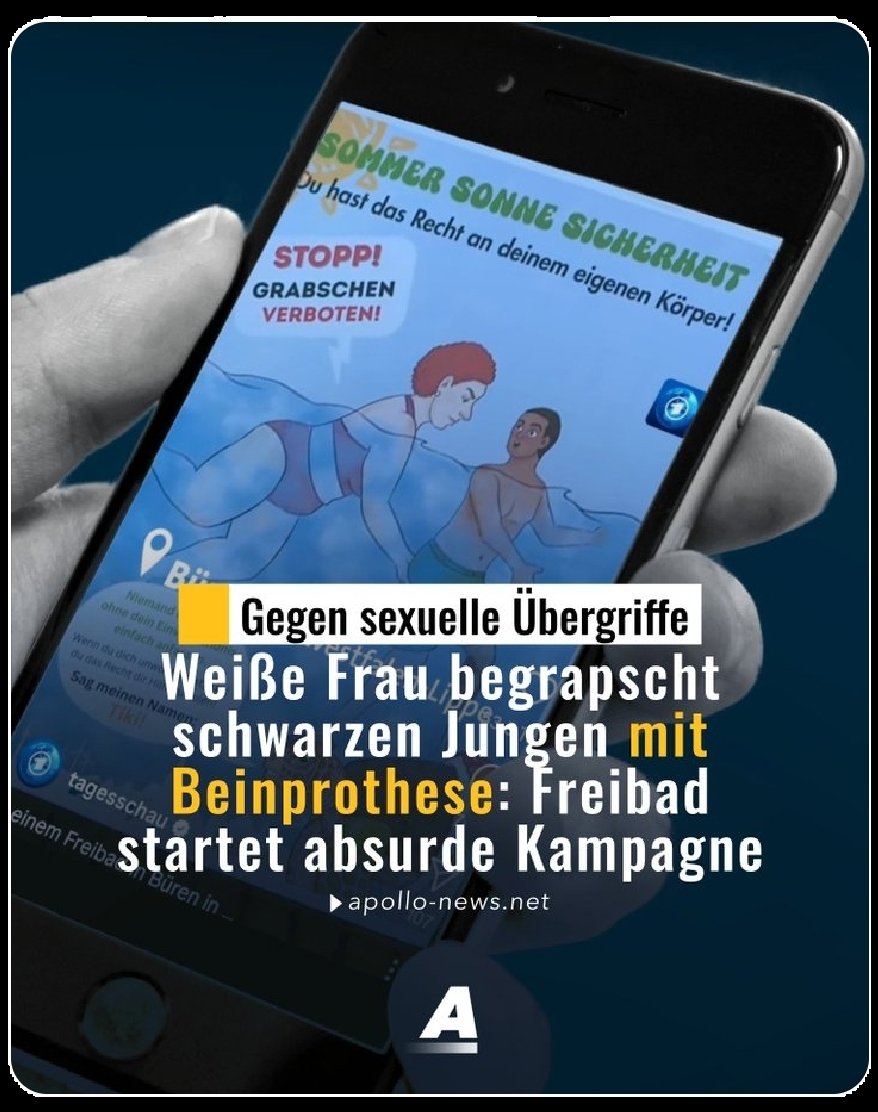 Während in deutschen Freibädern die Gewalt durch Migranten eskaliert, starten immer mehr Bäder realitätsferne Kampagnen. Das Freibad in Büren schießt den Vogel ab und zeigt Plakate, wie eine weiße Frau einem schwarzen Jungen mit Beinprothese am Hintern begrapscht. Diese Handlung