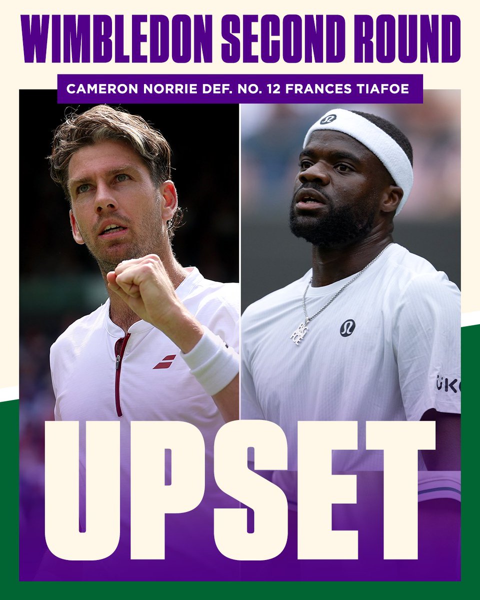 espn's tweet photo. Frances Tiafoe is OUT early at Wimbledon after a loss to Cameron Norrie.

Wimbledon is still the only major in which Frances Tiafoe has not made at least to the quarterfinals. https://t.co/bUka0nTeaM