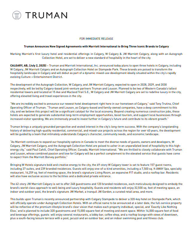 AdamMacVicar's tweet photo. NEW: Truman and Marriott International have announced plans to open 3 new hotels including a W Calgary, JW Marriott Calgary and an Autograph Collection Hotel on Stampede Park to open in 2028, 2029, and 2030.  

The plans include 2 towers set to be tallest in Western Canada. https://t.co/eOxd8nnA7T