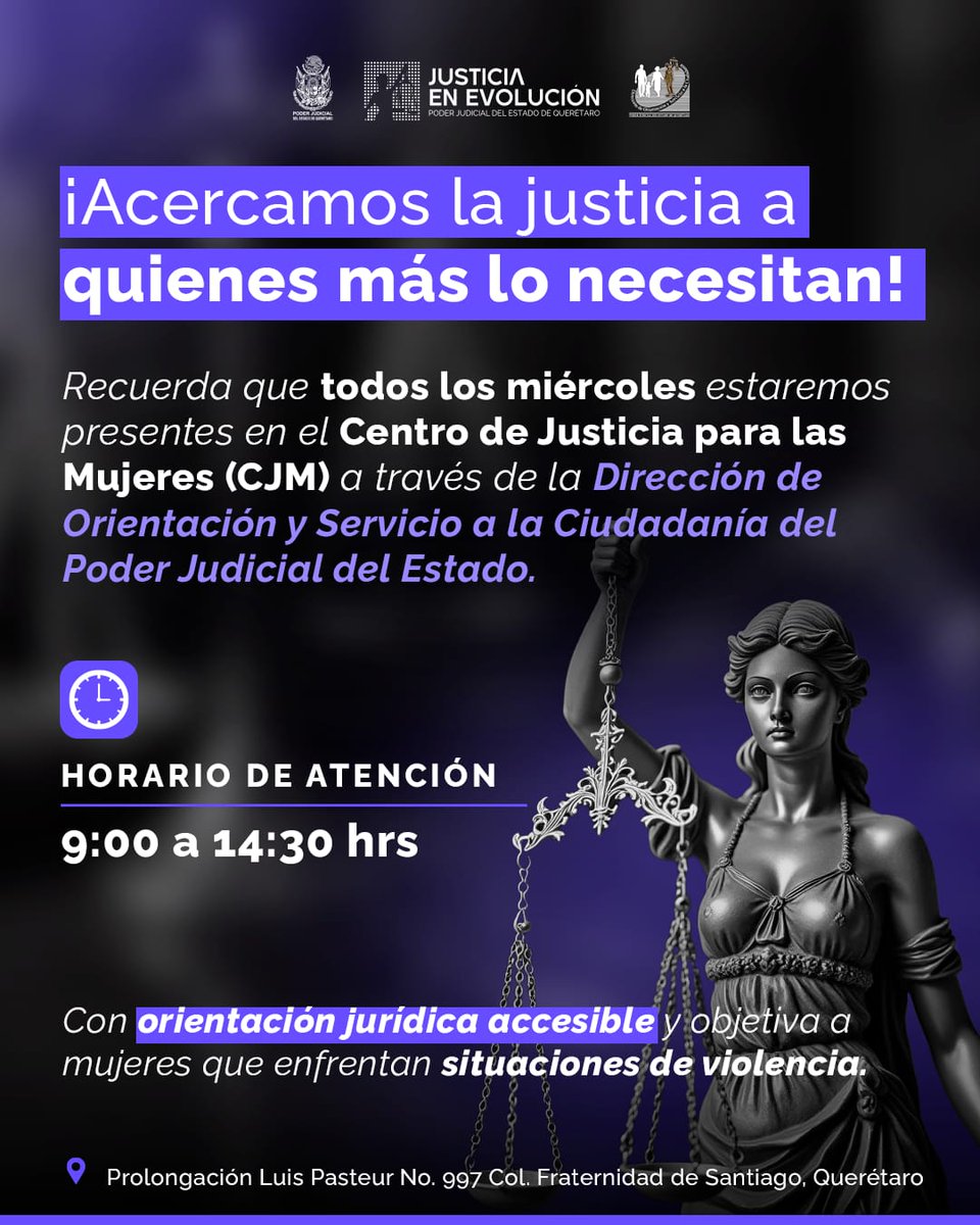 💜 Todos los miércoles, la justicia te espera.
El Poder Judicial del Estado de Querétaro te invita a acudir al Centro de Justicia para las Mujeres, donde recibirás orientación y apoyo en un espacio seguro.