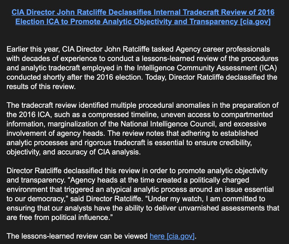 NEW: the CIA Director has declassified an internal review ("lessons-learned") of the intelligence community's assessment of 2016 Russian election interference. Here's the full 8 page analysis link: cia.gov/static/Tradecr…