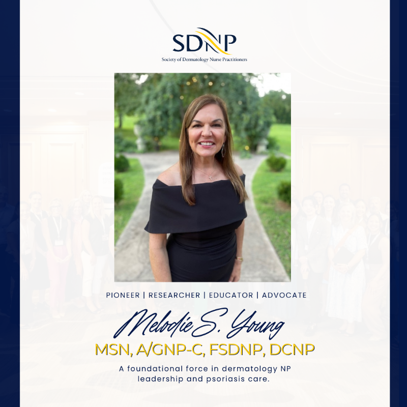 SocietyDermNP's tweet photo. 👩‍⚕️ Meet Melodie S. Young, MSN, A/GNP-C, FSDNP, DCNP — a true pioneer in derm NP leadership &amp; psoriasis care.
 ✅ 75+ clinical trials
 ✅ First NP on NPF Medical Board
 ✅ Founding IPC member
 If she’s inspired you, drop a 👋 or kind word below.

 #SDNP #DermNP #BoardSpotlight https://t.co/fzo9tlJ5jo
