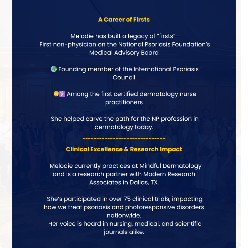 SocietyDermNP's tweet photo. 👩‍⚕️ Meet Melodie S. Young, MSN, A/GNP-C, FSDNP, DCNP — a true pioneer in derm NP leadership &amp; psoriasis care.
 ✅ 75+ clinical trials
 ✅ First NP on NPF Medical Board
 ✅ Founding IPC member
 If she’s inspired you, drop a 👋 or kind word below.

 #SDNP #DermNP #BoardSpotlight https://t.co/fzo9tlJ5jo
