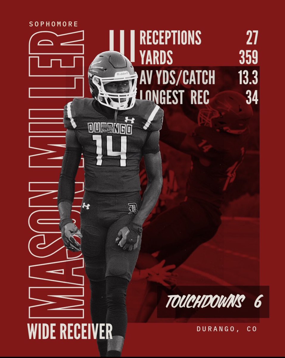 MasonJMiller4's tweet image. Mason Miller/WR/‘27/Durango High School/ Durango, CO/10’9” broad/39”vert/3.52 CumGPA.
Thanks for the follow.
@JosteinClarkeWR @KyleMorgan_XOS @JSCO1_ @kissner_hunter @Falcon8fan @CoachKirkBryant @CoachJBHall @CoachNickNissen @TyeshaBarnes29 @MattT8Scouting @keegan_linwood…