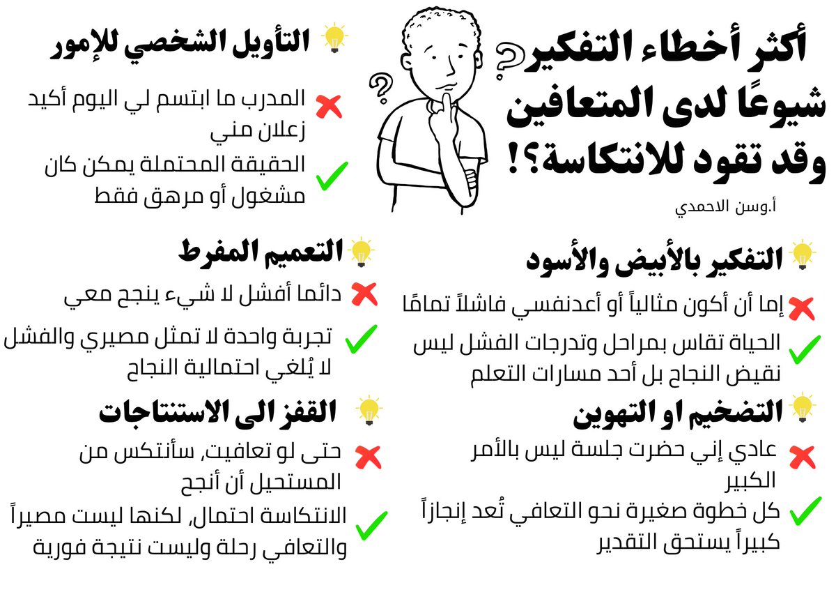 تصحيح التفكير المشوّه ليس فقط للوقاية من الانتكاسة، بل هو حجر أساس في بناء الصحة النفسية للمتعافي 
الأفكار المشوّهة مثل “أنا فاشل” أو “لن أتغير أبدًا” تؤدي لمشاعر العجز والذنب، وهي محفزات رئيسية للعودة للسلوك الإدماني
في العلاج المعرفي السلوكي، يُدرّب المتعافي على:
– رصد أفكاره