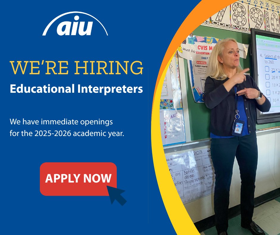 AlleghenyIU's tweet image. The AIU Deaf/Hard of Hearing Support Program has immediate openings for Educational Interpreters for the 2025-2026 academic year. Apply today! loom.ly/9HNxAwM