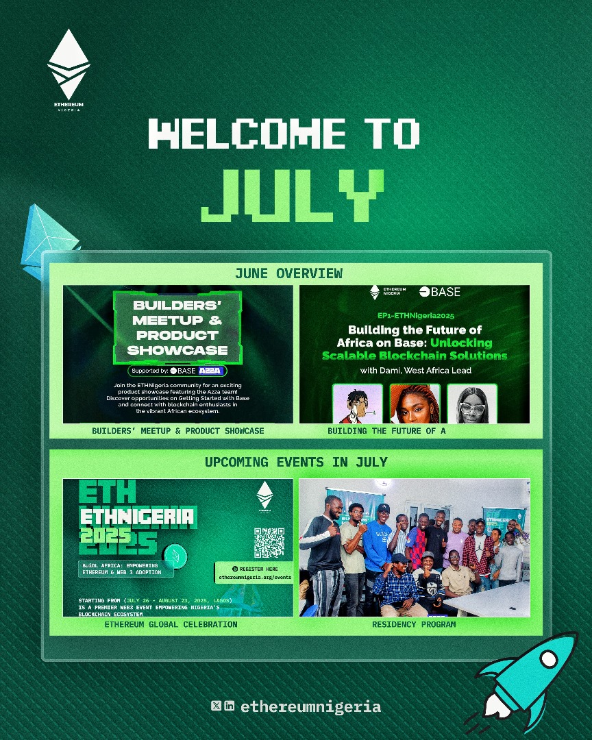 EthereumNigeria's tweet photo. Welcome to July! 

June was a blast with our Builders’ Meetup &amp; Base session.  💥🎉

This month, we’re gearing up for #ETHNigeria2025 + kicking off our Residency Program

Let’s keep building Africa on-chain. https://t.co/Q2nXCllyMt