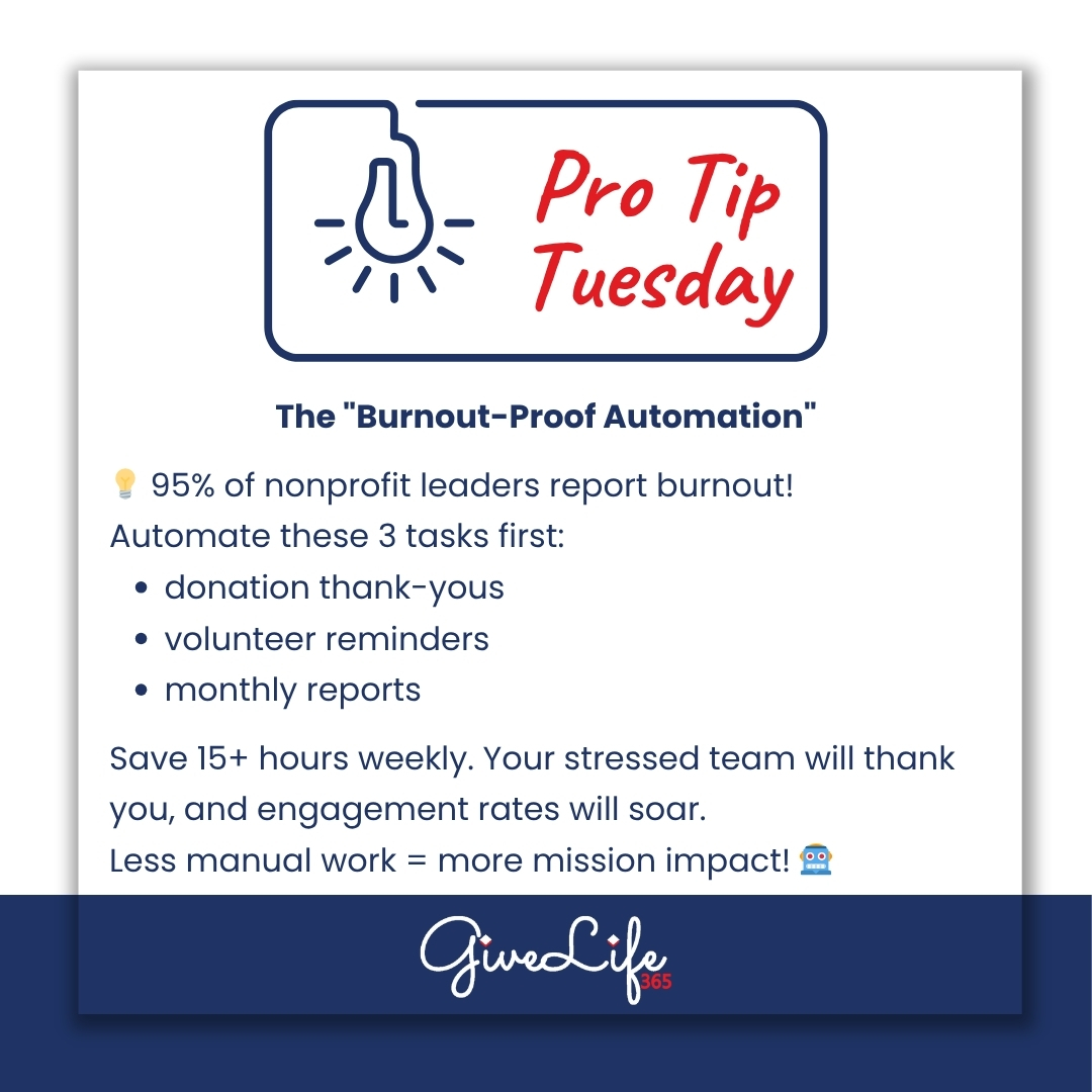 GiveLife_365's tweet image. 💡 Raise your hand if you've sent thank-you emails at midnight... again. 🙋‍♀️
What task keeps YOU here past dinner? Drop it below - let's help each other find shortcuts.
Your mission needs you sustainable, not burned out.

#ProTipTuesday #NonprofitBurnout #WorkSmarter  #GiveLife365