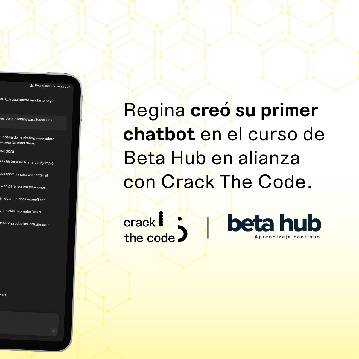 Regina no solo disfrutó el curso de #BetaHub con Crack The Code, también creó su primer chatbot. 🤖

Así es como se ve el aprendizaje cuando combina creatividad, tecnología y ganas de crecer.

Y tú, ¿qué crearías con las herramientas correctas?

#EducaciónQueTransforma