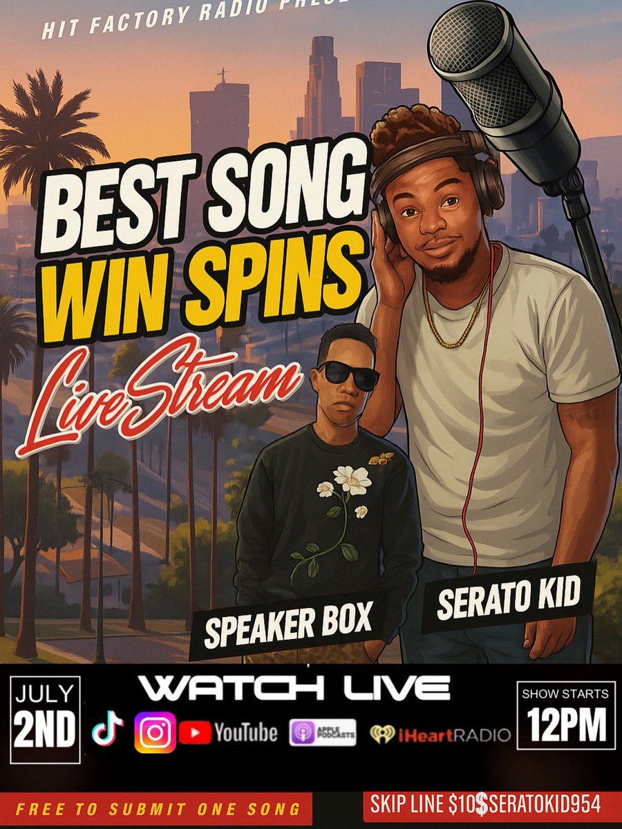 HitFactoryRadio's tweet image. Send Your Song Now For Your Chance To Win Spins + Promo on @HitFactoryRadio 
( hfrmusicreview@gmail.com ) 
TAG ARTIST NAME + SONG NAME + PRODUCER • MP3 File Only • No Links No Wav Files • Free To Submit One Song Per Artist • Skip Line $10 • Show starts at 12pm on YouTube