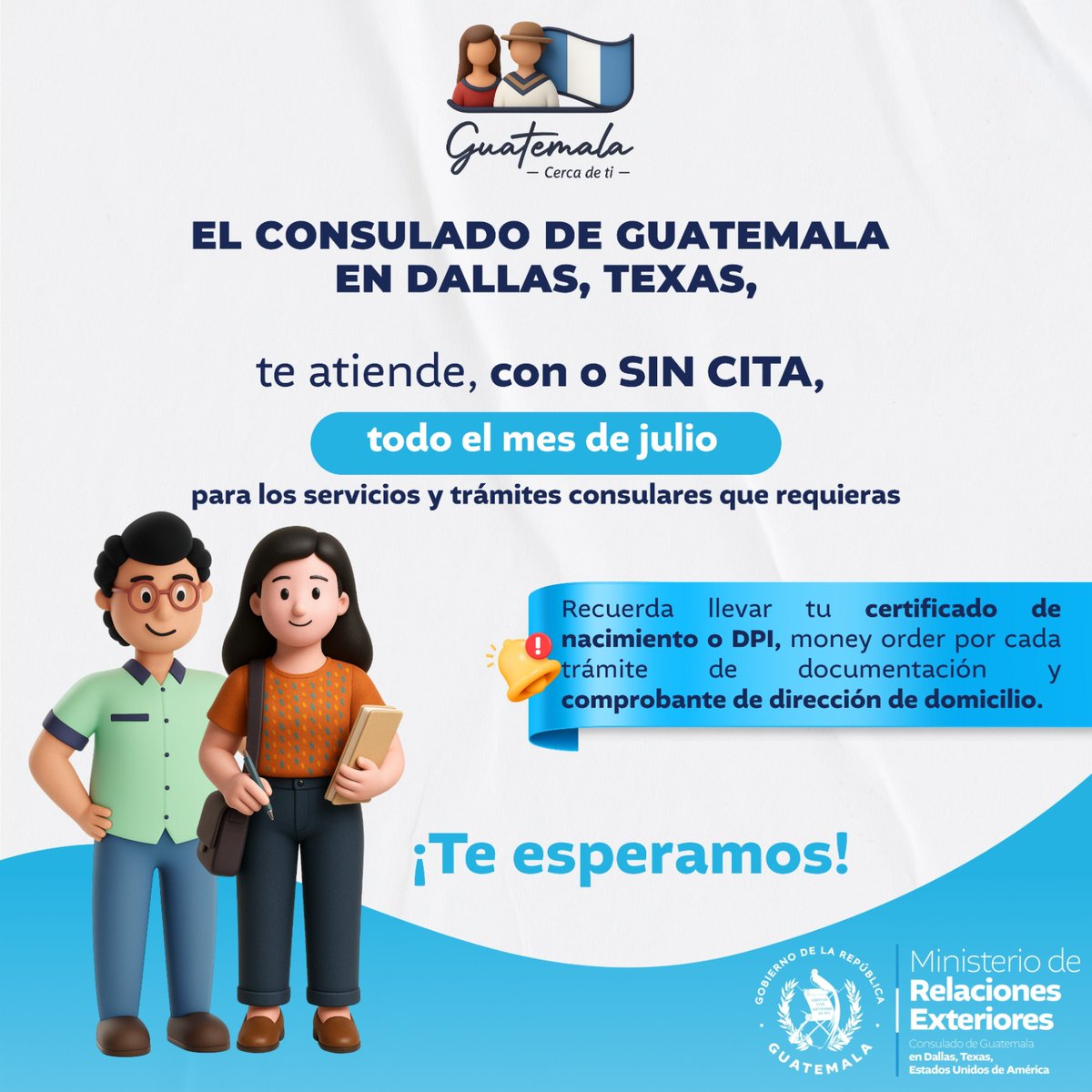 Se atenderá con o sin cita durante todo el mes de julio de 2025. Aprovecha esta oportunidad para realizar tus trámites consulares. #GuatemalaCercaDeTi🇬🇹