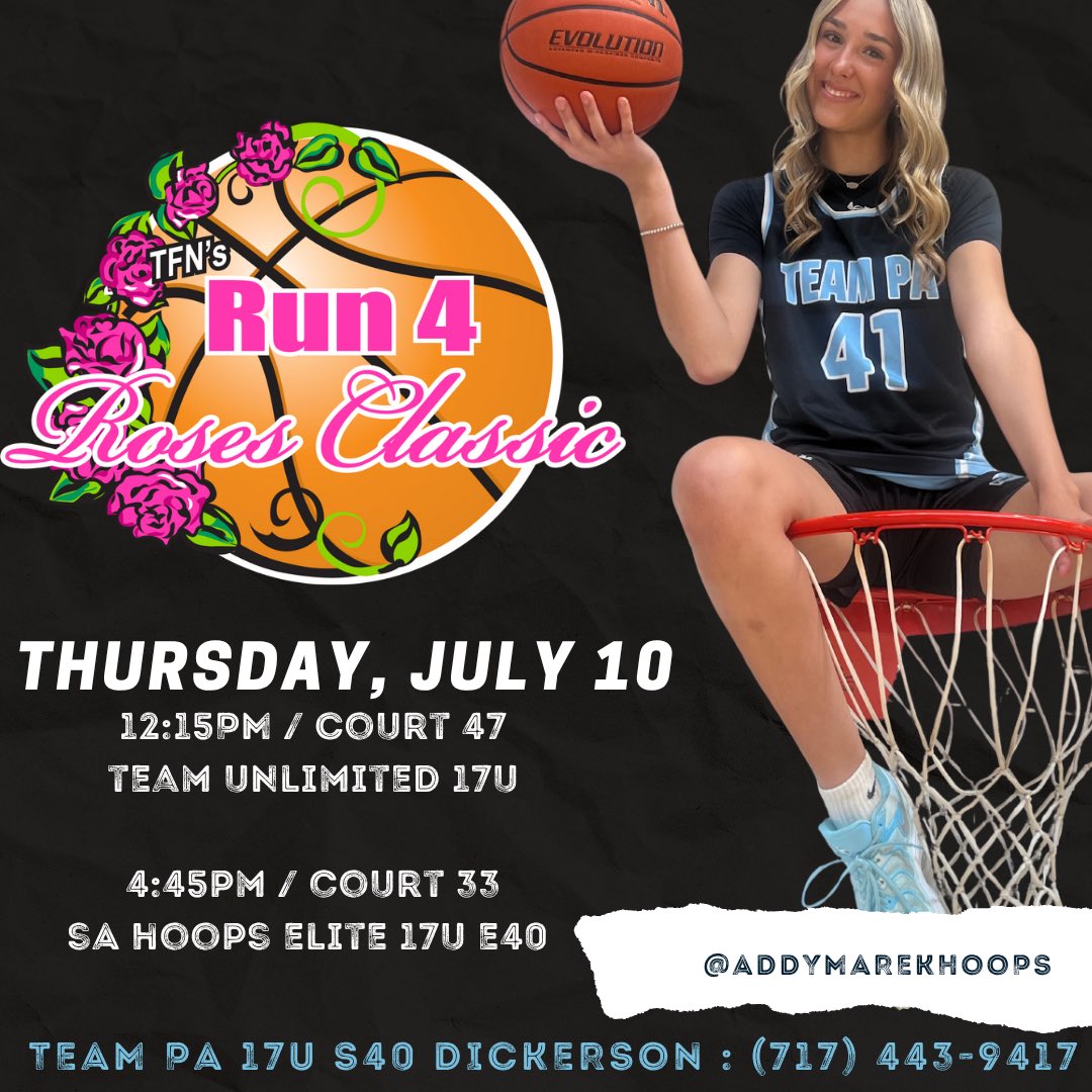 Addy Marek (@addymarekhoops) on Twitter photo It’s almost time! ⏰
College coaches, our team would love for you to stop by our courts the first day of Run 4 Roses! I’ll be sure to update the schedule here as we get more information!
<a href="/TEAMPAHOOPS/">TEAM PENNSYLVANIA</a> It’s almost time! ⏰
College coaches, our team would love for you to stop by our courts the first day of Run 4 Roses! I’ll be sure to update the schedule here as we get more information!
<a href="/TEAMPAHOOPS/">TEAM PENNSYLVANIA</a>