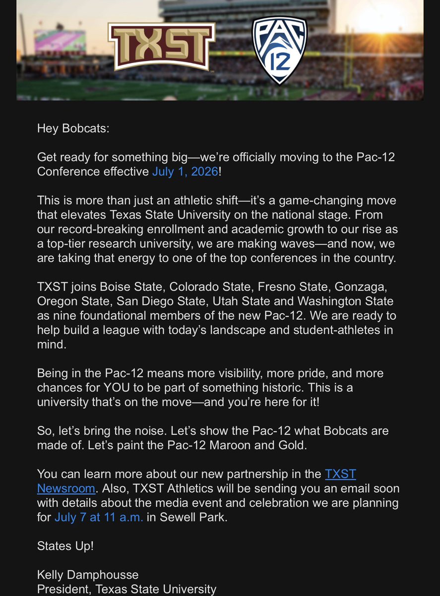 ๐บ๐๐๐๐ข ๐ณ๐๐๐๐๐๐๐๐๐ (@kdamp) on Twitter photo The move to the <a href="/pac12/">Pac-12 Conference</a> is a seismic shift for <a href="/txst/">Texas State University</a>. But itโs not just about athletics. The realignment news on traditional and social media since last September has shown that people are interested in the <a href="/TxStateBobcats/">Texas State Bobcats</a> nationally. โUntil the whole world knows our name!โ
๐พโญ๏ธ๐ The move to the <a href="/pac12/">Pac-12 Conference</a> is a seismic shift for <a href="/txst/">Texas State University</a>. But itโs not just about athletics. The realignment news on traditional and social media since last September has shown that people are interested in the <a href="/TxStateBobcats/">Texas State Bobcats</a> nationally. โUntil the whole world knows our name!โ
๐พโญ๏ธ๐