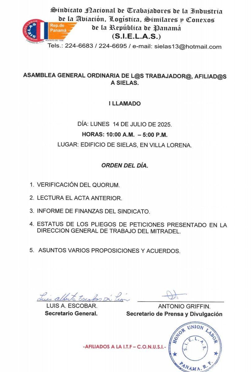 Atención trabajadores afiliados a SIELAS.
<a href="/ITF_Americas/">ITF Americas</a> <a href="/conusi21/">CONUSI</a> #SIELASACTIVO #SIEMPRECOMBATIVO #TrabajadoresUnidos