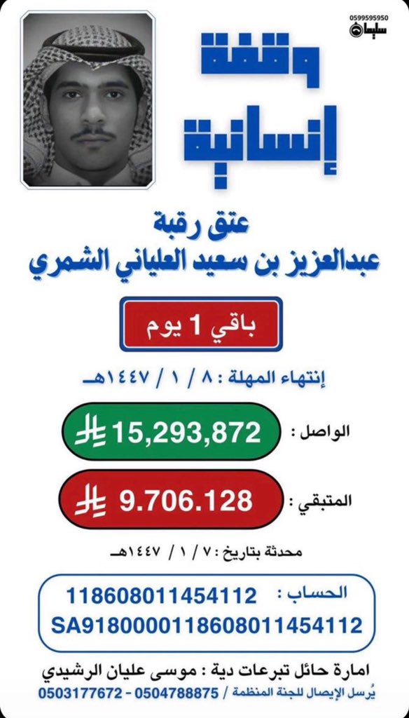 #_والدة_عبدالعزيز_تنخاكم 
بقي ٢٤ ساعة وتقفل الحسابات بالبنوك ! همتكم معنا شعب طويق ودول الخليج العربي وأهل الخير والموسرين . مانستغني عن فزعتكم ووقفتكم معنا . تكفون تكفون تكفوون لاتخلون عبدالعزيز ، جودوا بما تستطيعون كل وقدرتة . وتذكروا :(ومن أحياها فكأنما أحيا الناس جميعا )