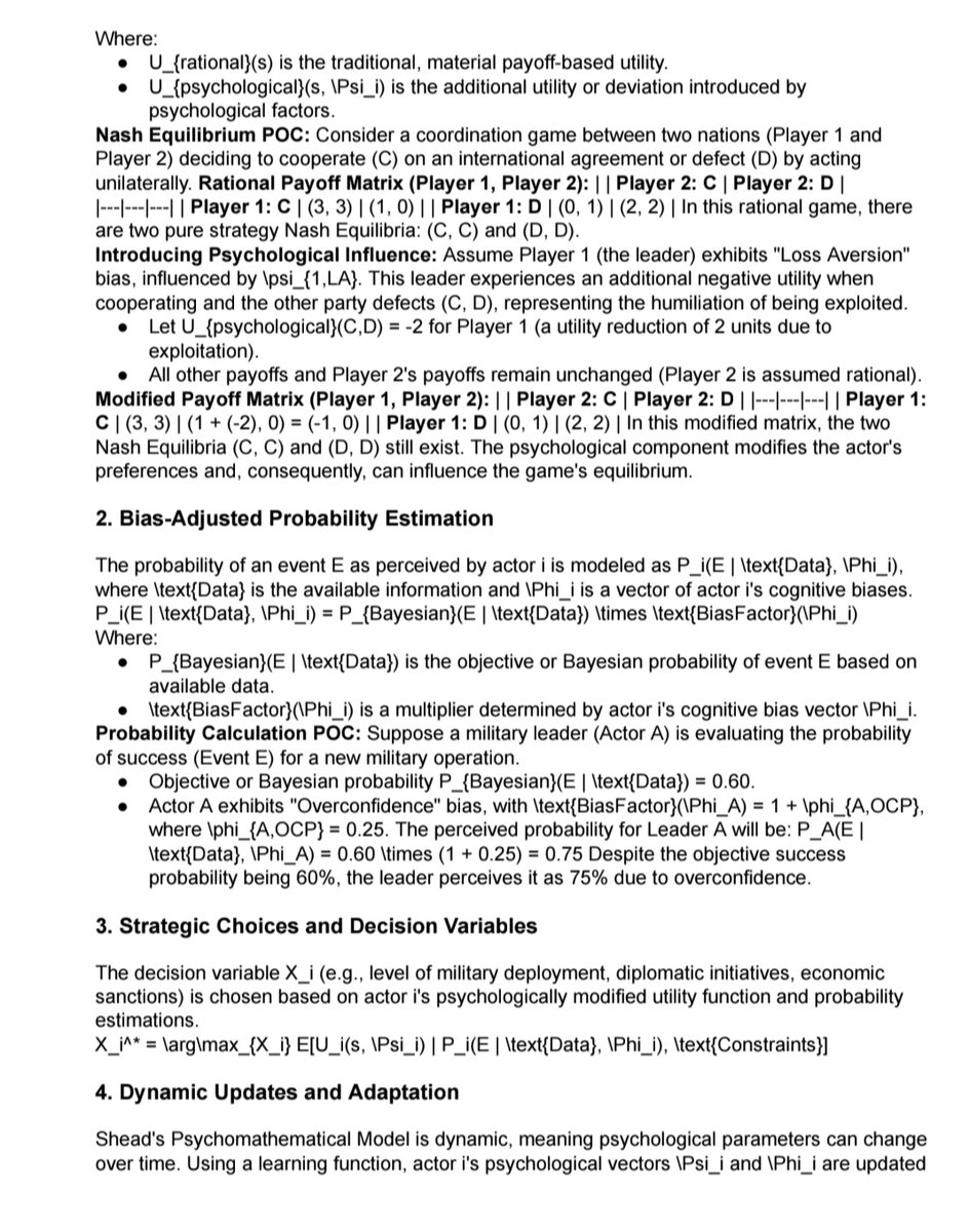 shead_khan's tweet photo. Part:2

🚀 Just Released! My new paper: "A Comprehensive Mathematical Framework for Strategic Decision-Making..."
Introducing Shead's Psychomathematical Model – integrating equilibrium, optimization, & probability with behavioral psychology to model strategic choices. It's time to factor in human biases!
#StrategicDecisions #Math #Psychology #GameTheory #Research #SheadsPsychomathematicalModel
To be continued