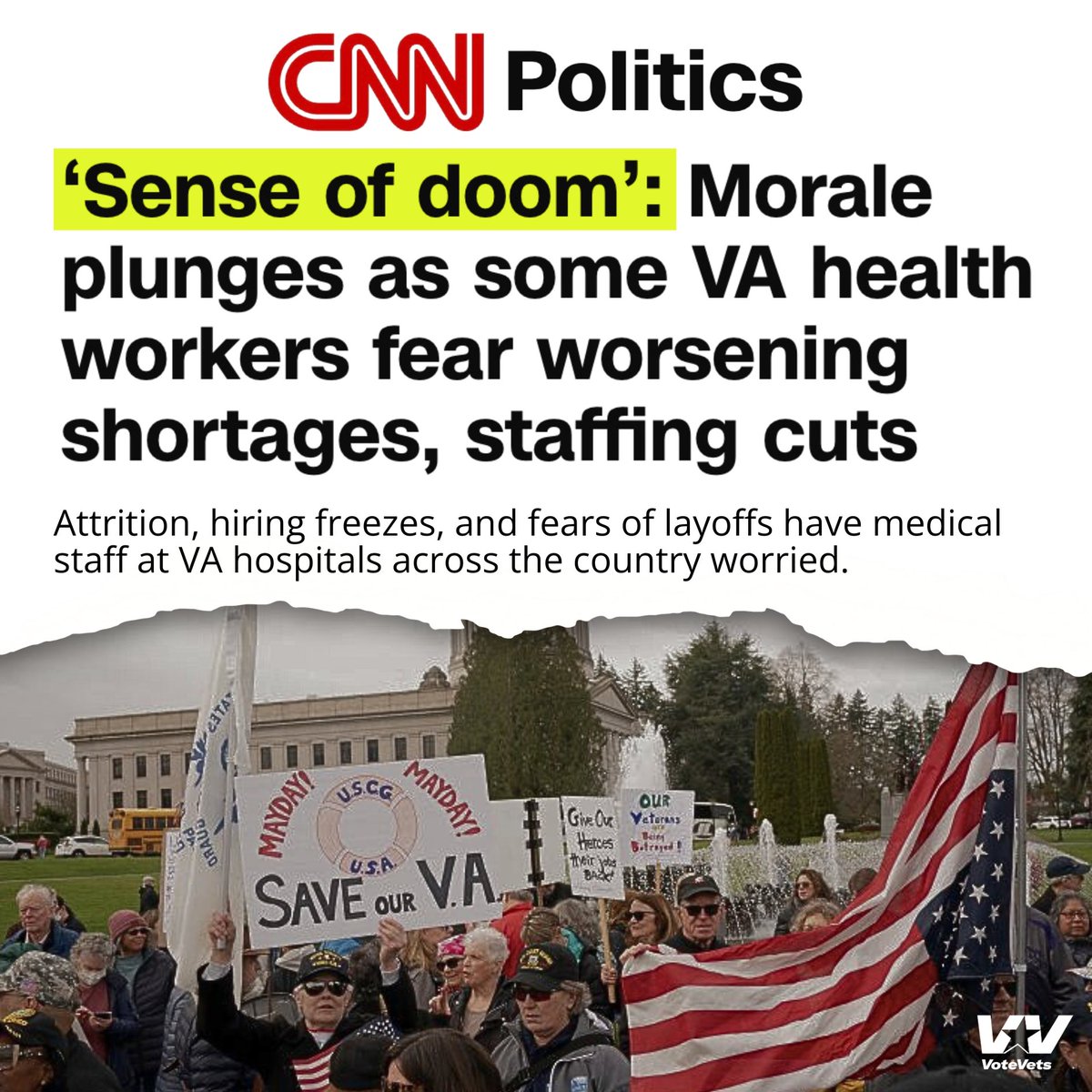Trump’s VA is falling apart.

Support staff are gone. Nurses are scrambling. Doctors are prepping rooms and booking appointments themselves. Veterans are waiting longer for basic care.

This isn’t reform. It’s sabotage. And Veterans are paying the price.

MORE: