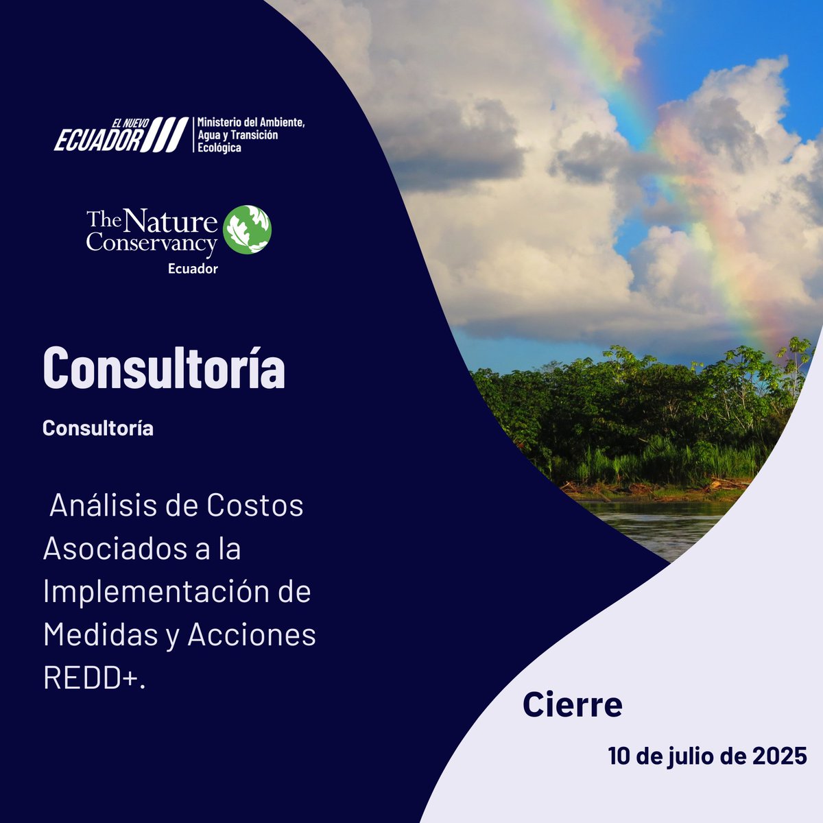 The Nature Conservancy Ecuador (@tncecuador) on Twitter photo #Consultoría | Análisis de Costos Asociados a la Implementación de Medidas y Acciones REDD+.
TDR: bit.ly/463T2Tc
Fecha máxima: 10 de julio de 2025
Envía tu propuesta a: daysy.cardenas@ambiente.gob.ec; en copia a: santiago.cortes@ambiente.gob.ec y g.cevallosojeda@tnc.org #Consultoría | Análisis de Costos Asociados a la Implementación de Medidas y Acciones REDD+.
TDR: bit.ly/463T2Tc
Fecha máxima: 10 de julio de 2025
Envía tu propuesta a: daysy.cardenas@ambiente.gob.ec; en copia a: santiago.cortes@ambiente.gob.ec y g.cevallosojeda@tnc.org