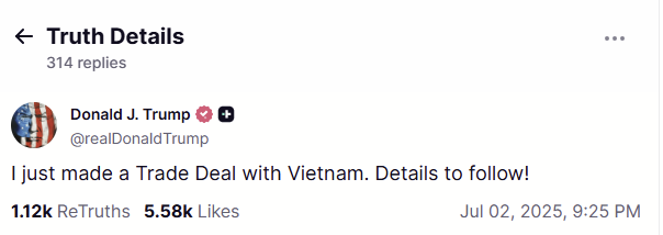 ShengMo0x's tweet photo. Tin này thuộc loại tin nóng hổi vừa thổi vừa đọc.

Cơ bản VN xuất qua Mỹ thuế 20% nói chung
Mỹ xuất sang VN cũng là thuế 20% nói chung
Trung Quốc -> Việt Nam -> Mỹ 40%
Trung Quốc -> Mỹ -> Hàng trăm %

Ae tự đánh giá tác động của nó nhé. https://t.co/8pEuSD8Tyv