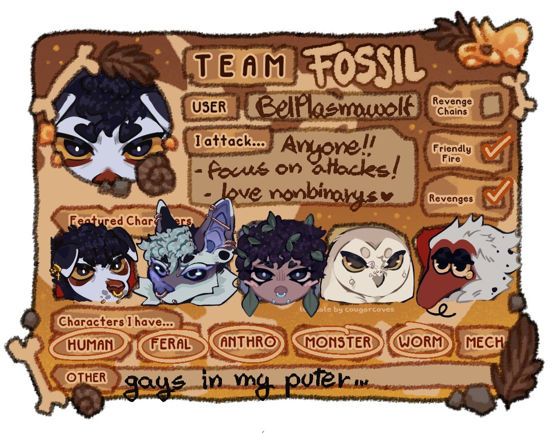 BelPlasmawolf's tweet image. I COME BACK FROM THR DEAD TO JOIN THE FOSSILS!!!
✏️DROP YOUR PROFILES IN THE COMMENTS🖍️
find me on AF!! artfight.net/~BelPlasmawolf