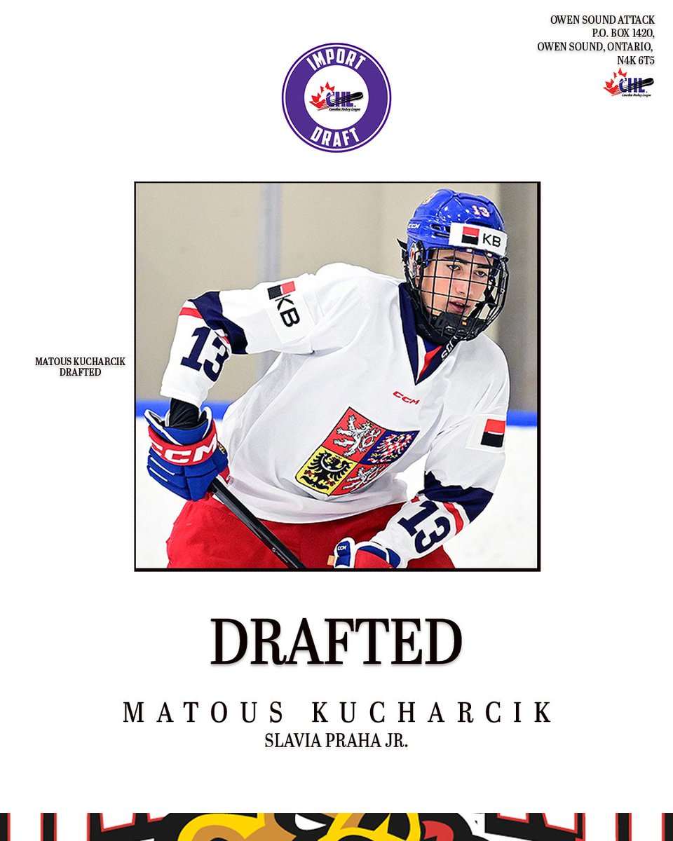AttackOHL's tweet image. The Owen Sound Attack are proud to select Matous Kucharcik as a 1st Round Pick 14 overall in the #CHLImportDraft2025 🐻
#OwenSoundAttack | #AlwaysAttack