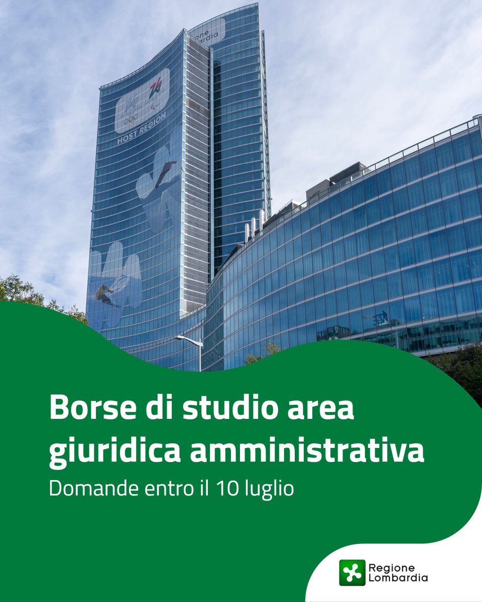 Se sei un neolaureato Regione Lombardia assegna 5 borse di studio relative all’area giuridica/amministrativa, di durata annuale e non rinnovabile, per lo svolgimento di un tirocinio pratico. Domande entro il 10/07. 
Per info 👉 reglomb.it/RzzO50WjMfj