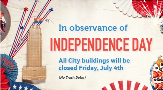 City offices, including Municipal Court, will be closed on July 4. Trash, Recyling and Bulky Item Pickup not affected.  
kcmo.gov/Home/Component…