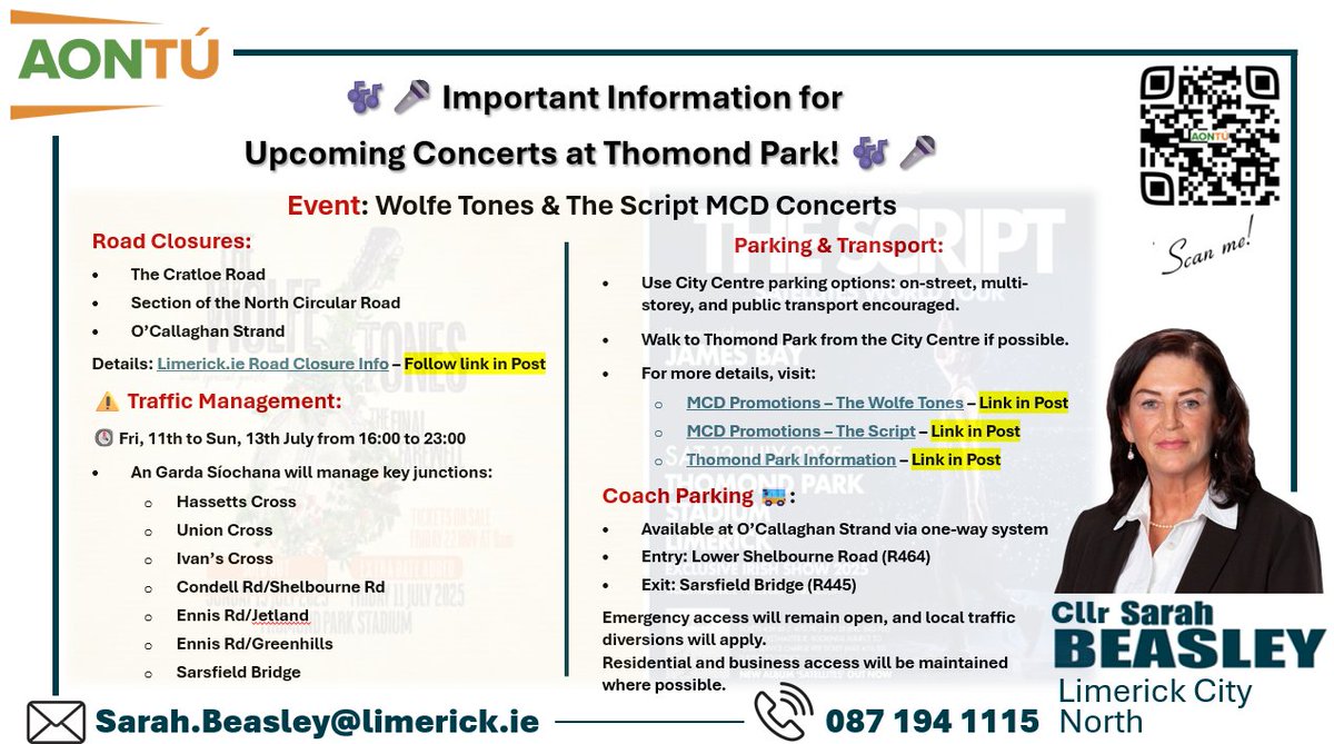 🎶🎸  Important Information for Upcoming Concerts at Thomond Park! 🎸🎶
🚧 Road Traffic Notice 🚧
Events: Wolfe Tones &amp; The Script at Thomond Park
Road Closures:
The Cratloe Road
Section of the North Circular Road
O’Callaghan Strand
More details: limerick.ie/.../traff.../t…
📷