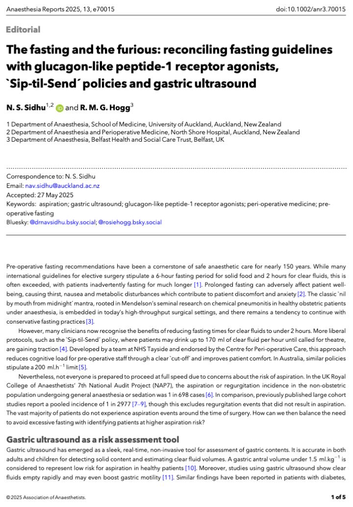 How do you reconcile fasting guidelines with glucagon-like peptide-1 receptor agonists, ‘Sip-til-Send’ policies and gastric ultrasound?

#anaesthesia #GLP-1 #POCUS #MedTwitter

doi.org/10.1002/anr3.7…