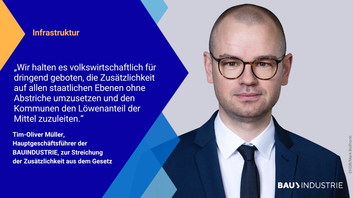 Heutiger Kabinettsbeschluss zum #Sondervermögen belastet Kommunen. 

Die Zusätzlichkeit wird gestrichen. Die #BAUINDUSTRIE appelliert: Das Sondervermögen muss 1:1 zum Abbau des Investitionsstaus eingesetzt werden. 

Mehr: bauindustrie.de/250702