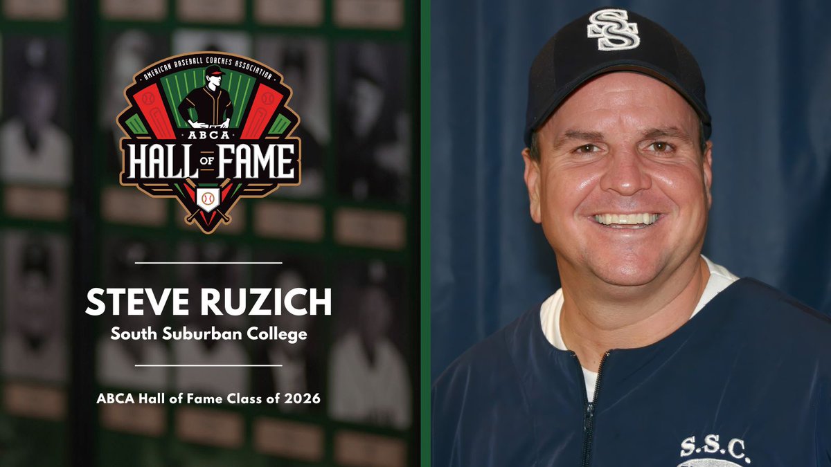 ABCA (@abca1945) on Twitter photo 🌟 ABCA Hall of Fame Class of 2026 Inductee 🌟
Steve Ruzich
<a href="/sscbaseball1/">SSC Baseball</a>
Ruzich has led South Suburban College (Ill.) since 1987, compiling a 1,385-817 (.629) career record and ranking fifth in NJCAA history in wins. Under his leadership, the Bulldogs have earned 15 regional 🌟 ABCA Hall of Fame Class of 2026 Inductee 🌟
Steve Ruzich
<a href="/sscbaseball1/">SSC Baseball</a>
Ruzich has led South Suburban College (Ill.) since 1987, compiling a 1,385-817 (.629) career record and ranking fifth in NJCAA history in wins. Under his leadership, the Bulldogs have earned 15 regional