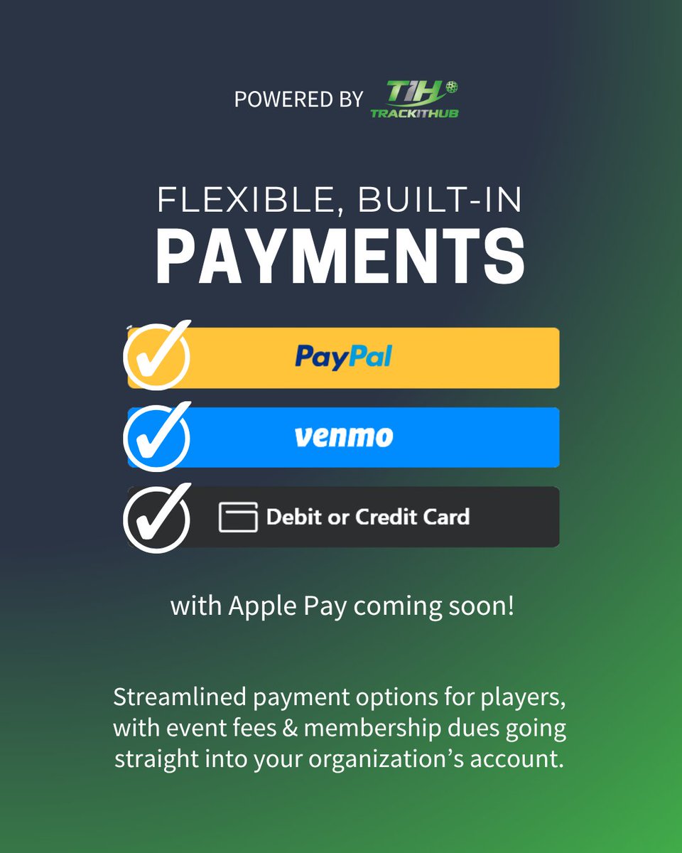 TrackitHub makes payments easy for both players and admins!

✅ Players: Pay with Venmo, PayPal, or card
✅ Admins: All dues go straight to your account

Want the scoop on all of TrackitHub's built-in features? Schedule a demo with us --> calendly.com/trackithub/demo

#pickleball