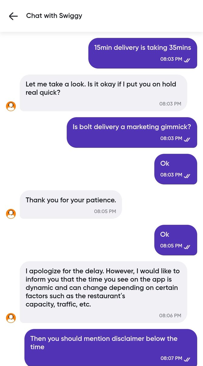 Socceroni's tweet photo. Ordered food at 7.26pm with bolt delivery option, received order at 8.06pm. Swiggy agent said because of traffic etc there will be delay. Is bolt a marketing gimmick or do they deliver orders in 15mins?

Order id - 210434185216385

@Swiggy @SwiggyCares #swiggybolt #Swiggy https://t.co/lBYjKoMj5W