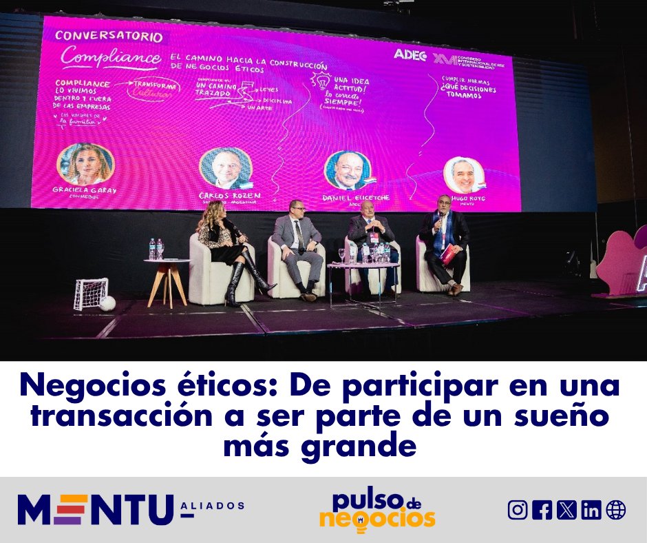 El economista Hugo Royg, socio de Mentu, participó del XVI Congreso Internacional de RSE y Sostenibilidad de la ADEC, en el espacio dedicado al compliance y las buenas prácticas en los negocios.

Lee más en mentu.com.py/2025/07/02/neg…

🟢 Canal de WhatsApp whatsapp.com/channel/0029Va…