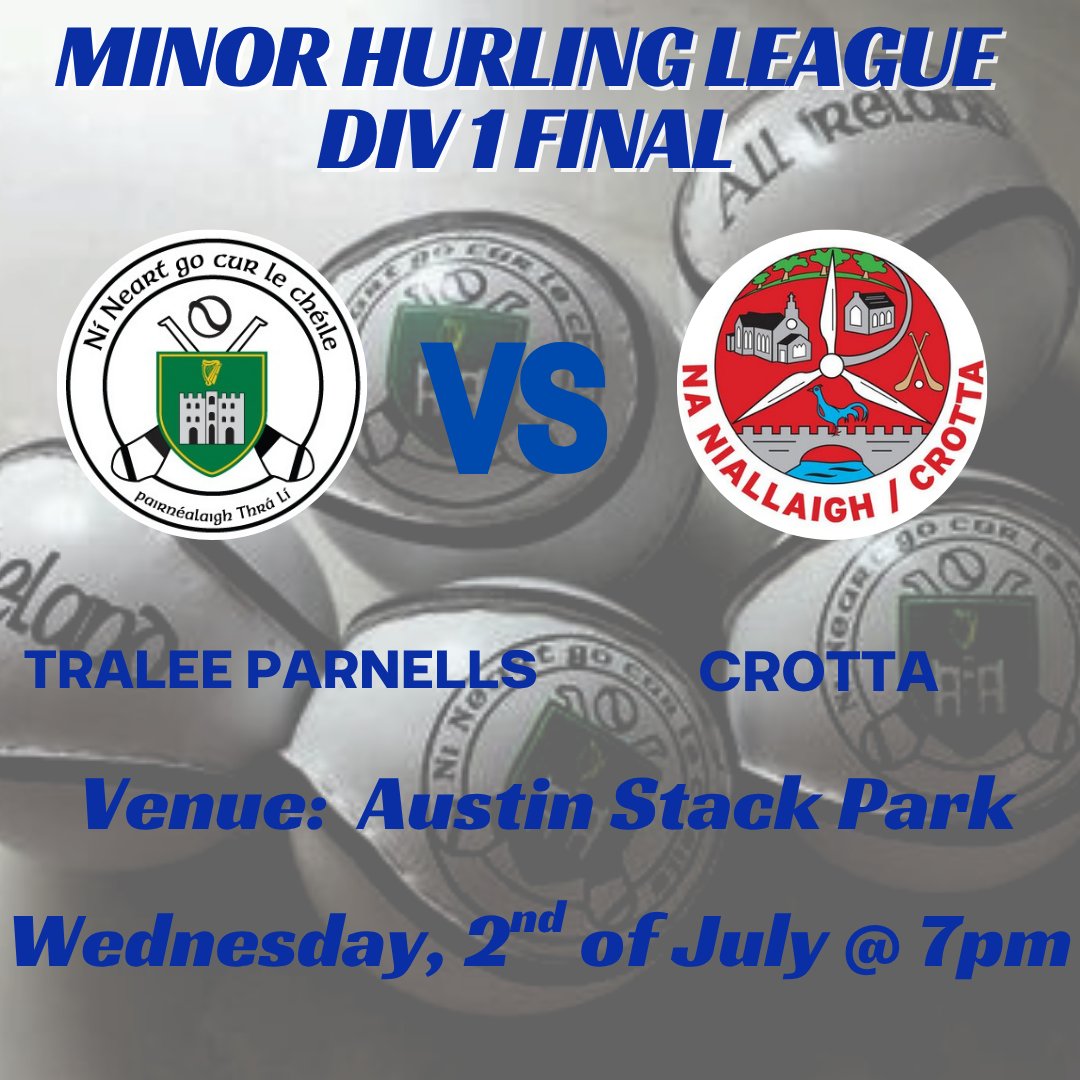 Tralee Parnells Hurling & Camogie Club (@tparnells) on Twitter photo Best of luck to our Minor hurlers who take on <a href="/CrottaGAA/">Crotta GAA</a> in the <a href="/Kerry_Official/">Kerry GAA</a> Minor Division 1 Final this evening, throw in at 7pm in <a href="/AustinStackPK/">Austin Stack Park</a>
Cash at the gates Entry is €8 for adults, €5 for students and OAP's. Under 16s are free
<a href="/Traleetodaynews/">TraleeToday.ie</a> <a href="/radiokerrysport/">Radio Kerry Sport</a> Best of luck to our Minor hurlers who take on <a href="/CrottaGAA/">Crotta GAA</a> in the <a href="/Kerry_Official/">Kerry GAA</a> Minor Division 1 Final this evening, throw in at 7pm in <a href="/AustinStackPK/">Austin Stack Park</a>
Cash at the gates Entry is €8 for adults, €5 for students and OAP's. Under 16s are free
<a href="/Traleetodaynews/">TraleeToday.ie</a> <a href="/radiokerrysport/">Radio Kerry Sport</a>