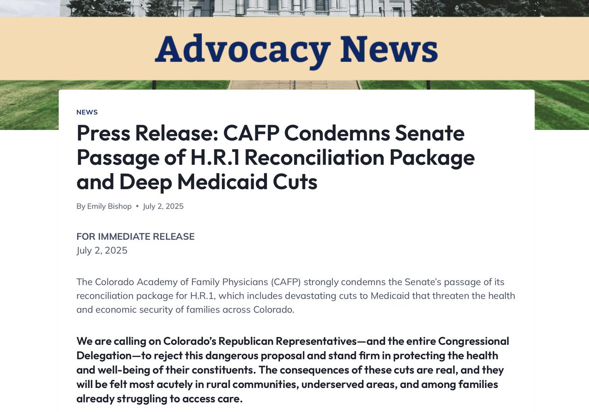 📢 The Senate’s H.R.1 reconciliation package includes devastating cuts to Medicaid—putting rural hospitals, vulnerable patients, and our entire safety net at risk.
CAFP is urging Colorado’s delegation to oppose this bill. Read our full statement: rb.gy/p1e85s