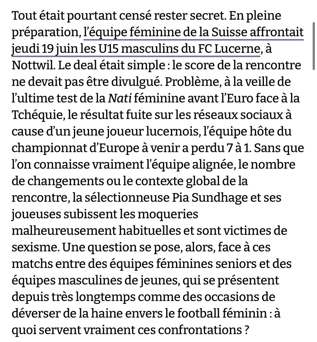 clem_reporter's tweet photo. C’est quand même mieux quand un média (@sofoot) prend le temps de creuser le sujet des matchs entre équipes féminines et jeunes garçons.

Pourquoi ces matchs existent et ce qu’ils apportent, expliqué par des entraîneurs spécialistes et anciennes joueuses. 

Plutôt ça que des brèves putaclics sans contexte, ni info, qui nourrissent les clichés.