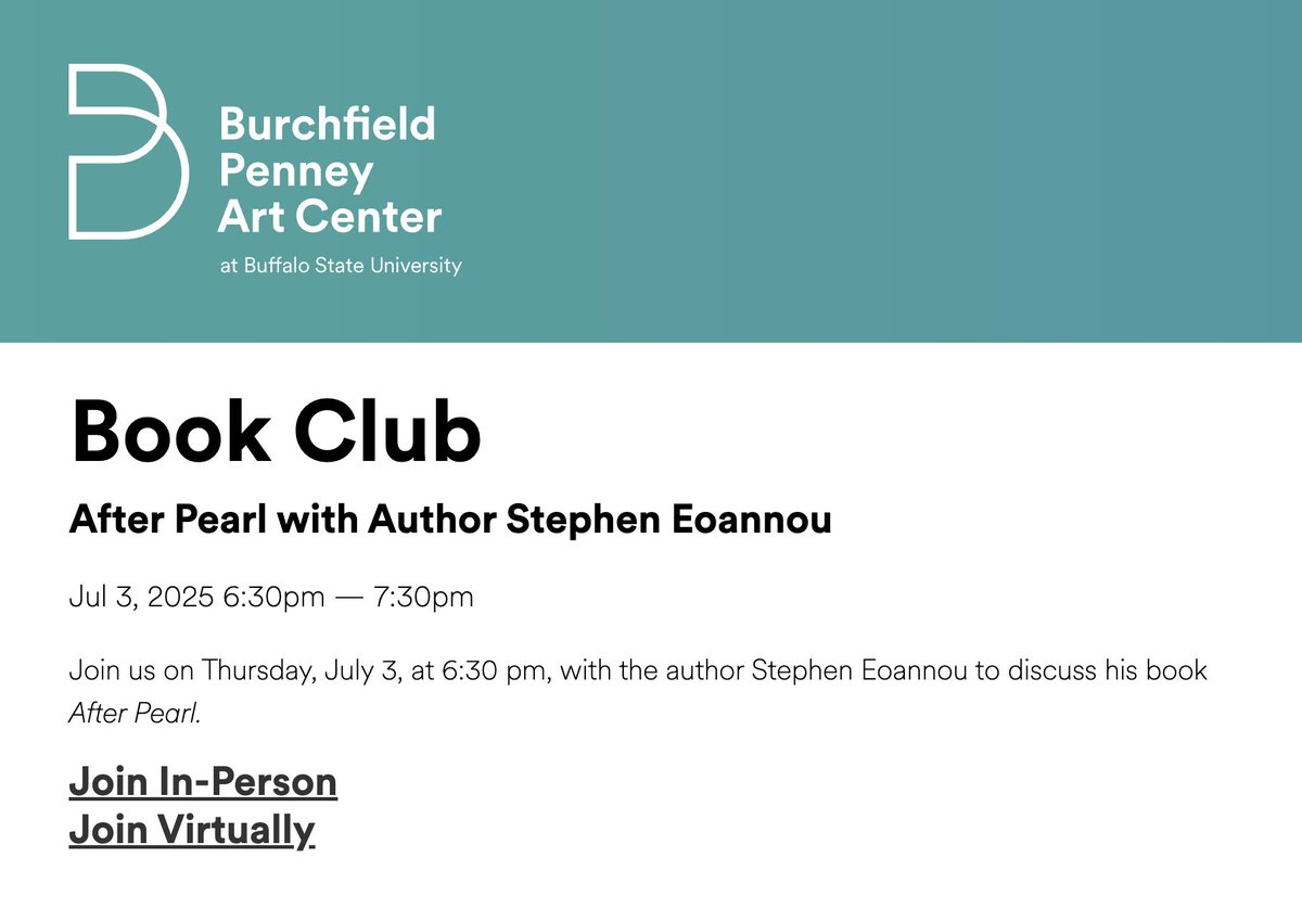 Stephen G Eoannou (@stephengeoannou) on Twitter photo Kickoff the long weekend tomorrow with AFTER PEARL at The Burchfield!! And remember to leave a review here: tinyurl.com/tdh4hdkd
<a href="/SFWP/">SFWP</a> <a href="/BPArtCenter/">Burchfield Penney Art Center</a> <a href="/justbuffalolit/">Just Buffalo Literary Center</a> Kickoff the long weekend tomorrow with AFTER PEARL at The Burchfield!! And remember to leave a review here: tinyurl.com/tdh4hdkd
<a href="/SFWP/">SFWP</a> <a href="/BPArtCenter/">Burchfield Penney Art Center</a> <a href="/justbuffalolit/">Just Buffalo Literary Center</a>