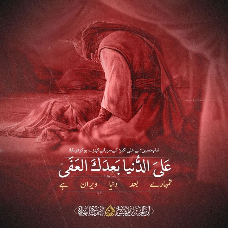 امام حسین علیہ السلام نے جناب علی اکبرؑ کی شہادت پر فرمایا:
عَلَى الدُّنيا بَعدَكَ العَفا
تیرے بعد اس دنیا پر خاک ہو!

زیارت ناحیہ مقدسہ