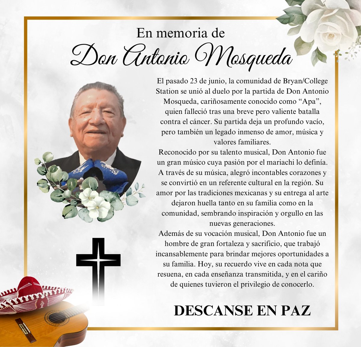 🙏🕊 HOY miércoles los servicios se realizarán a las 11 a.m. en First Baptist Bryan, y el entierro se llevará a cabo en el Mausoleo Monsignor Gleissner Memorial en el Cementerio Católico Mt. Calvary en Bryan.