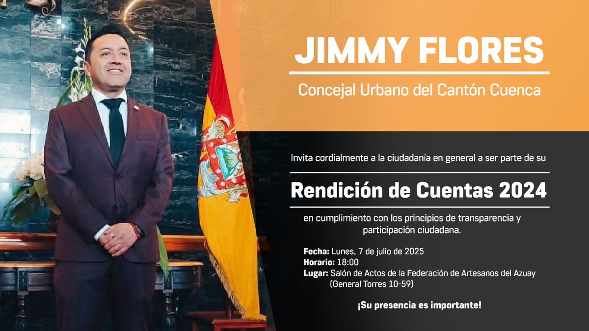 📢 ¡ *Te invito a mi Rendición de Cuentas 2024!* 
👨‍💼 Como Concejal de Cuenca, rindo cuentas con transparencia y compromiso ciudadano.

🤝 ¡Tu participación fortalece la democracia!
🔎 *¡Te espero!*

#barriosdecuenca