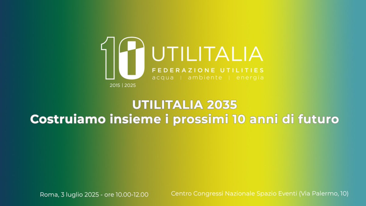 UTILITALIA 2035: Costruiamo insieme i prossimi dieci anni di futuro
📅 Mercoledì 3 luglio 2025
🕘 ore 10:00-12:00
📍 Centro congressi Nazionale Spazio Eventi
In occasione del decimo anniversario di #Utilitalia, l’evento di domani sarà un’importante giornata di confronto