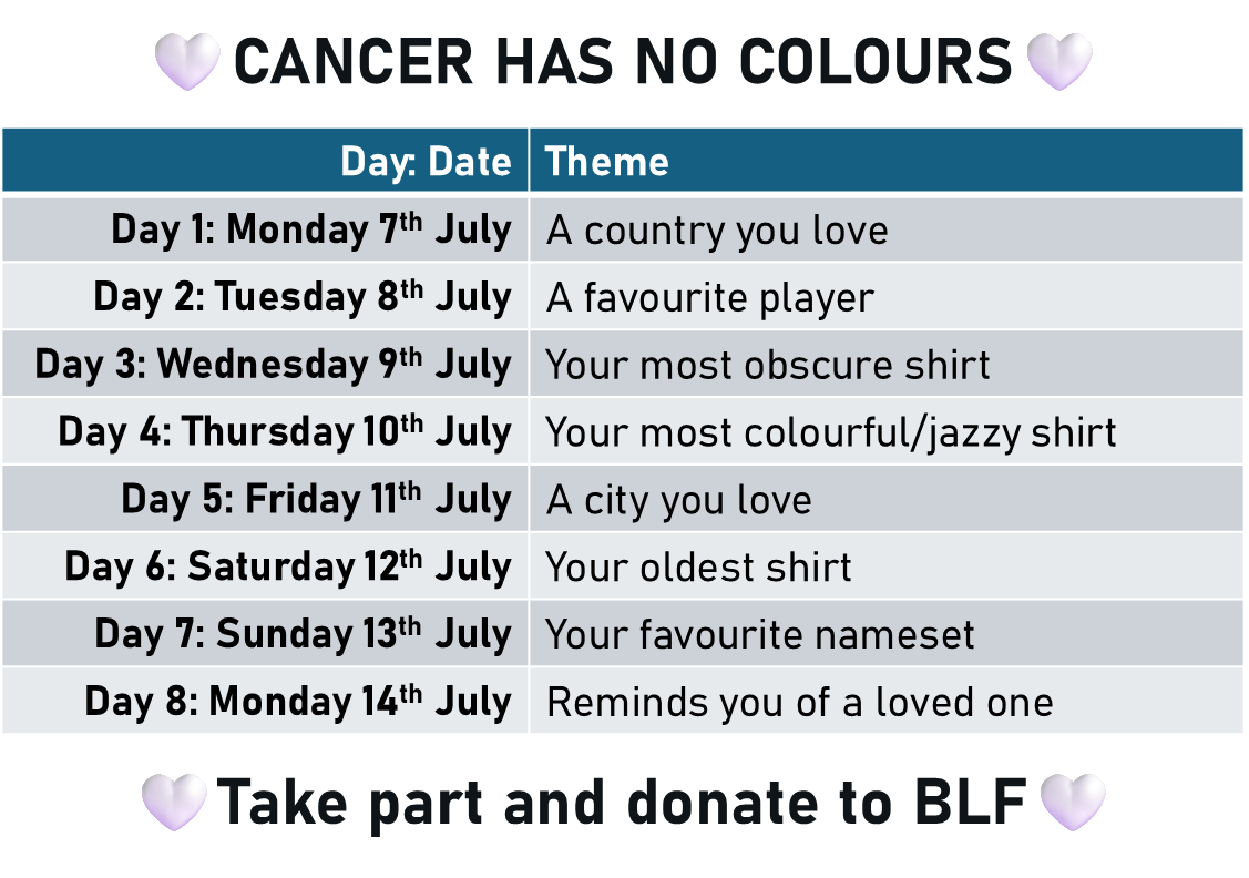 Jake - Kit Nerd ⭐⭐ (@kitnerduk) on Twitter photo 🤍CANCER HAS NO COLOURS🤍
An excuse to wear your football shirts for a great cause? Well, sure!
Every day from 7th-14th July wear a shirt that best fits the theme, spread the word and donate to <a href="/Bradleysfight/">Bradley Lowery Foundation</a>. Simple!
justgiving.com/campaigns/char… 🤍CANCER HAS NO COLOURS🤍
An excuse to wear your football shirts for a great cause? Well, sure!
Every day from 7th-14th July wear a shirt that best fits the theme, spread the word and donate to <a href="/Bradleysfight/">Bradley Lowery Foundation</a>. Simple!
justgiving.com/campaigns/char…