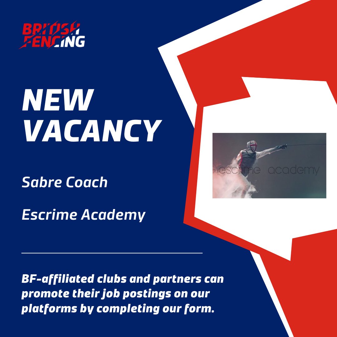 📢 New vacancy: Escrime Academy

🗓️ Deadline: 31st July 2025

🔗 More info: britishfencing.com/sabre-coach-re…

BF-affiliated clubs and partners can promote their job postings on our platforms by completing our form here: app.smartsheet.com/b/form/482a649…