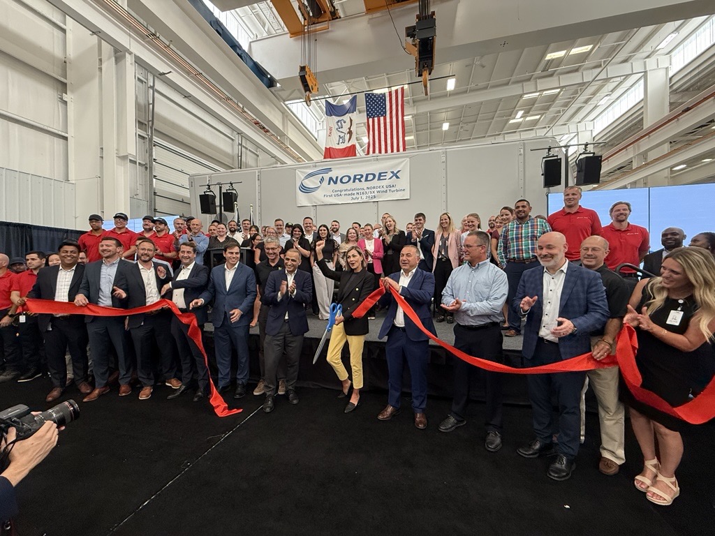 USCleanPower's tweet photo. Iowa Governor @IAGovernor Kim Reynolds helped celebrate the reopening of #ACPmember Nordex’s nacelle manufacturing facility in West Branch, saying the future of energy runs straight through America’s Midwest. The facility is an excellent example of how clean energy manufacturing is helping to bring jobs back to the U.S.