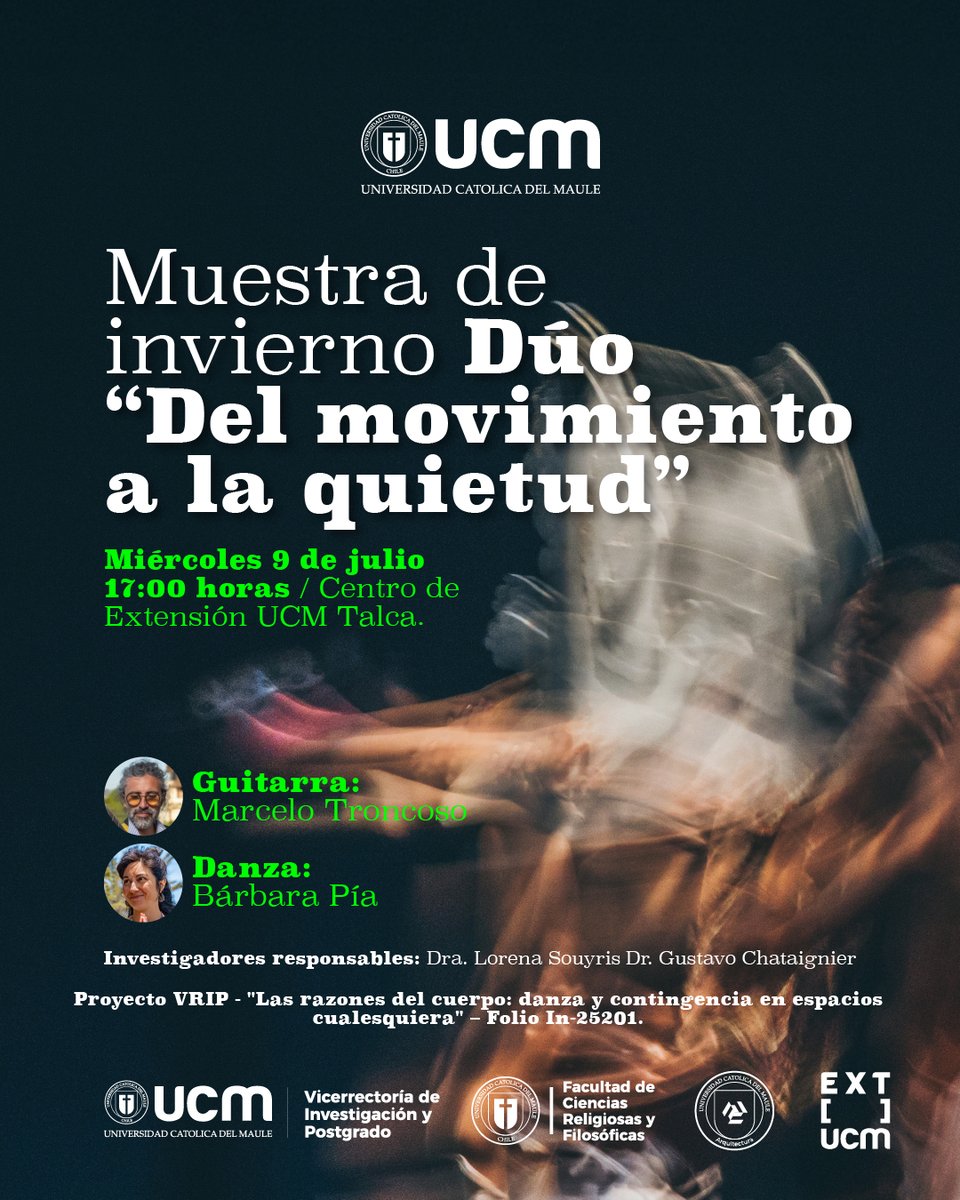 Cs. Religiosas y Filosóficas UCM (@fcryf_ucm) on Twitter photo 🎶🩰 Este miércoles 9 de julio a las 17:00 horas vive la #MuestraDeInvierno “Del movimiento a la quietud” en el Centro de Extensión de la <a href="/ucatolicamaule/">U.Católica del Maule</a> #Talca.
📌 Entrada liberada
#UCM #DanzaYMúsica #ExtensiónUCM 🎶🩰 Este miércoles 9 de julio a las 17:00 horas vive la #MuestraDeInvierno “Del movimiento a la quietud” en el Centro de Extensión de la <a href="/ucatolicamaule/">U.Católica del Maule</a> #Talca.
📌 Entrada liberada
#UCM #DanzaYMúsica #ExtensiónUCM